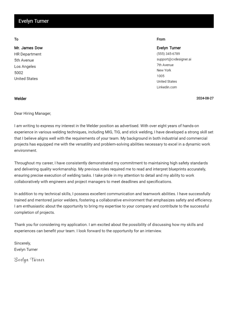 Welder Cover Letter Example for 2025: Expert Tips & Templates