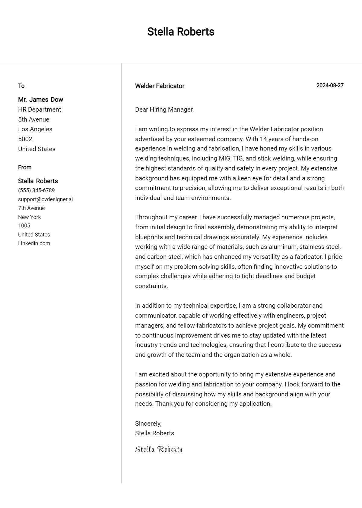 welder fabricator cover letter example