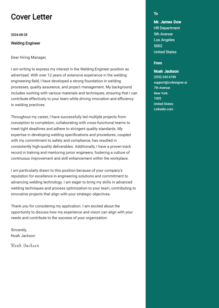 Welding Engineer Cover Letter Example for 2025: Expert Tips & Templates