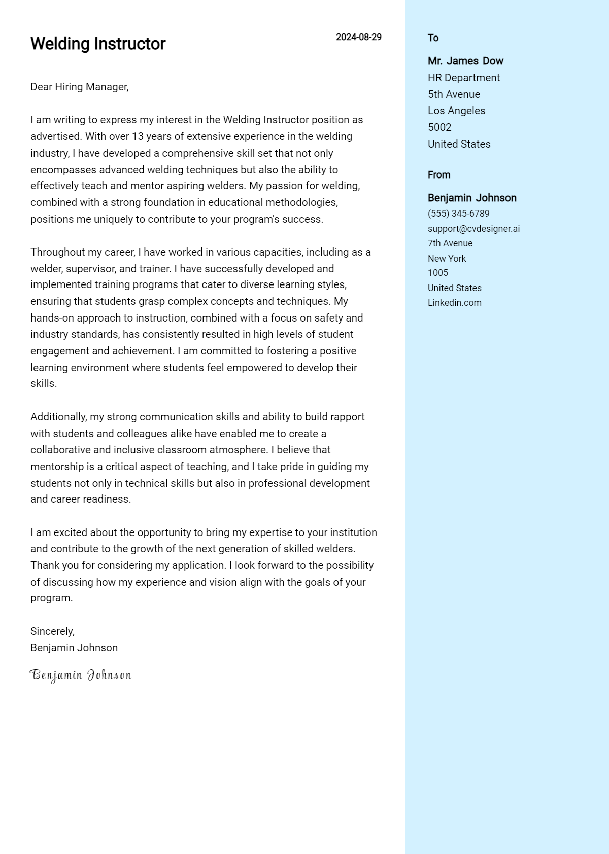 welding instructor cover letter example