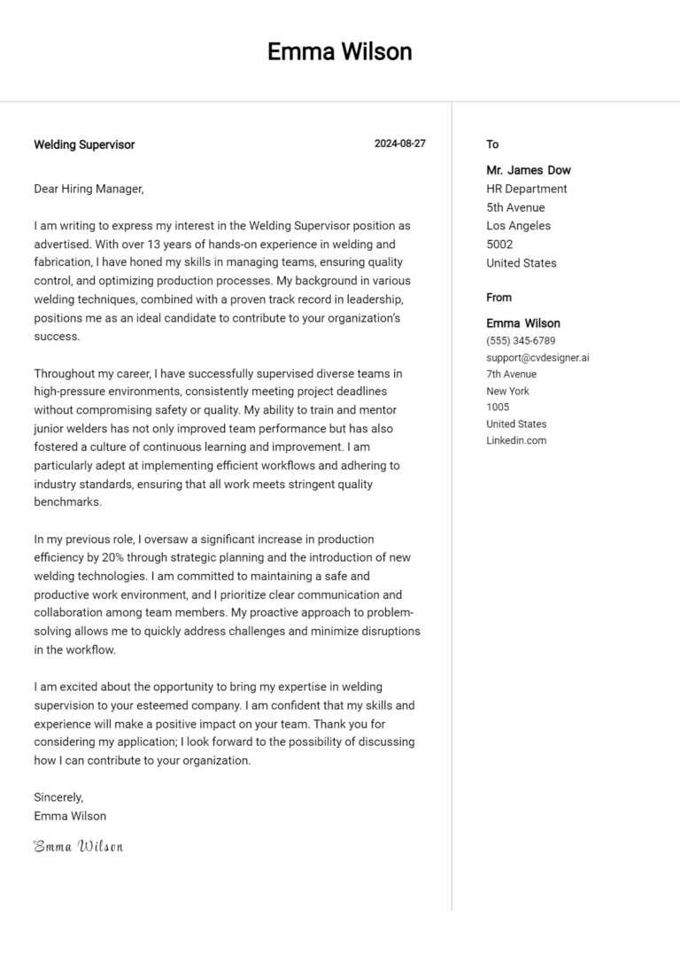 Welding Supervisor Cover Letter Examples and Templates for 2025