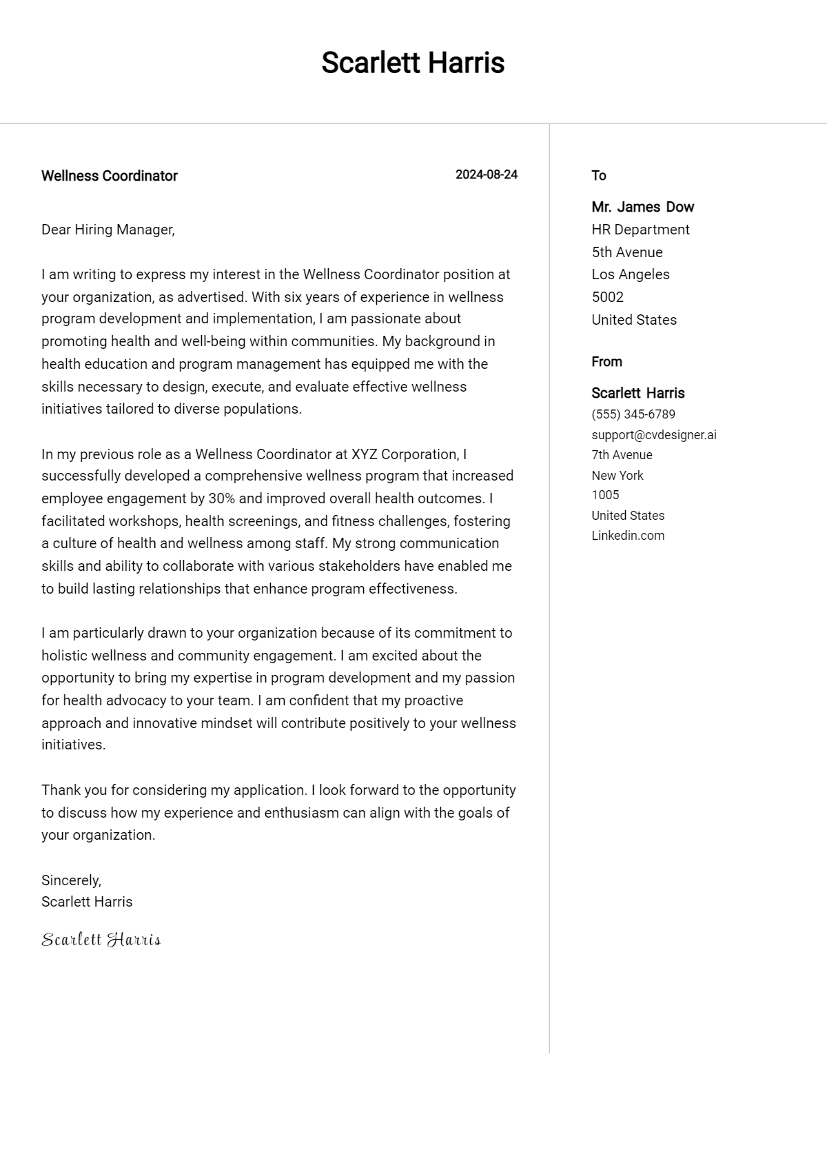 wellness coordinator cover letter example