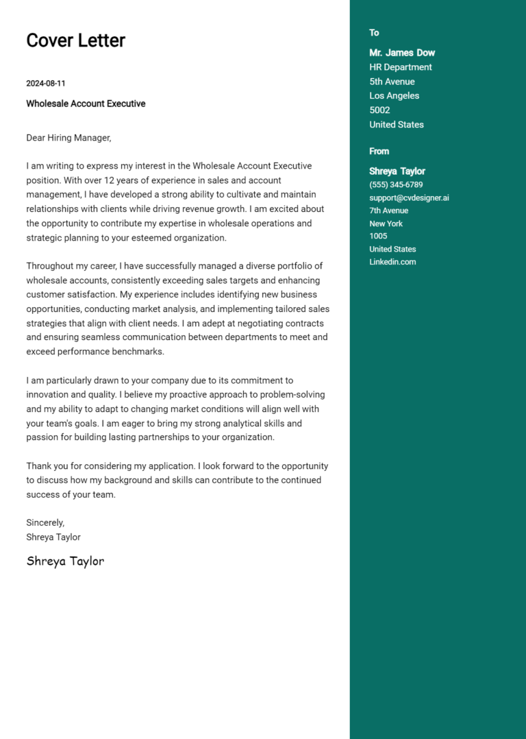 Wholesale Account Executive Cover Letter Examples & Samples for 2025 1 Wholesale Account Executive Cover Letter Examples & Samples for 2025
