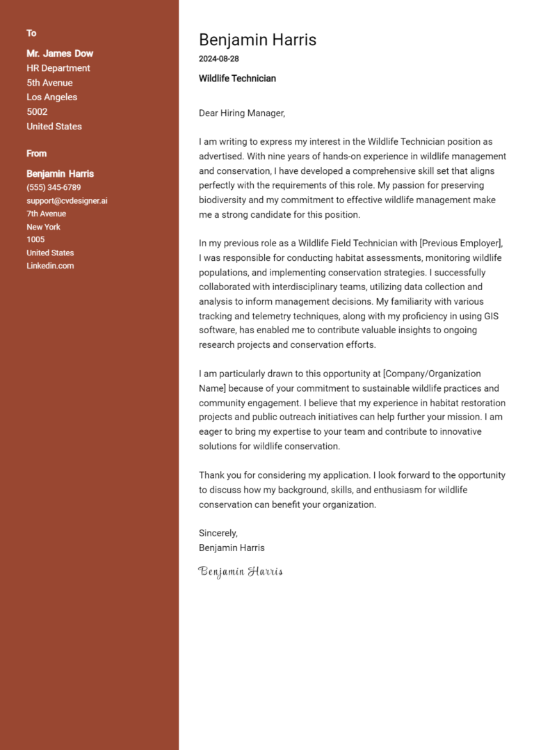 Wildlife Technician Cover Letter Example for 2025: Tips & Templates