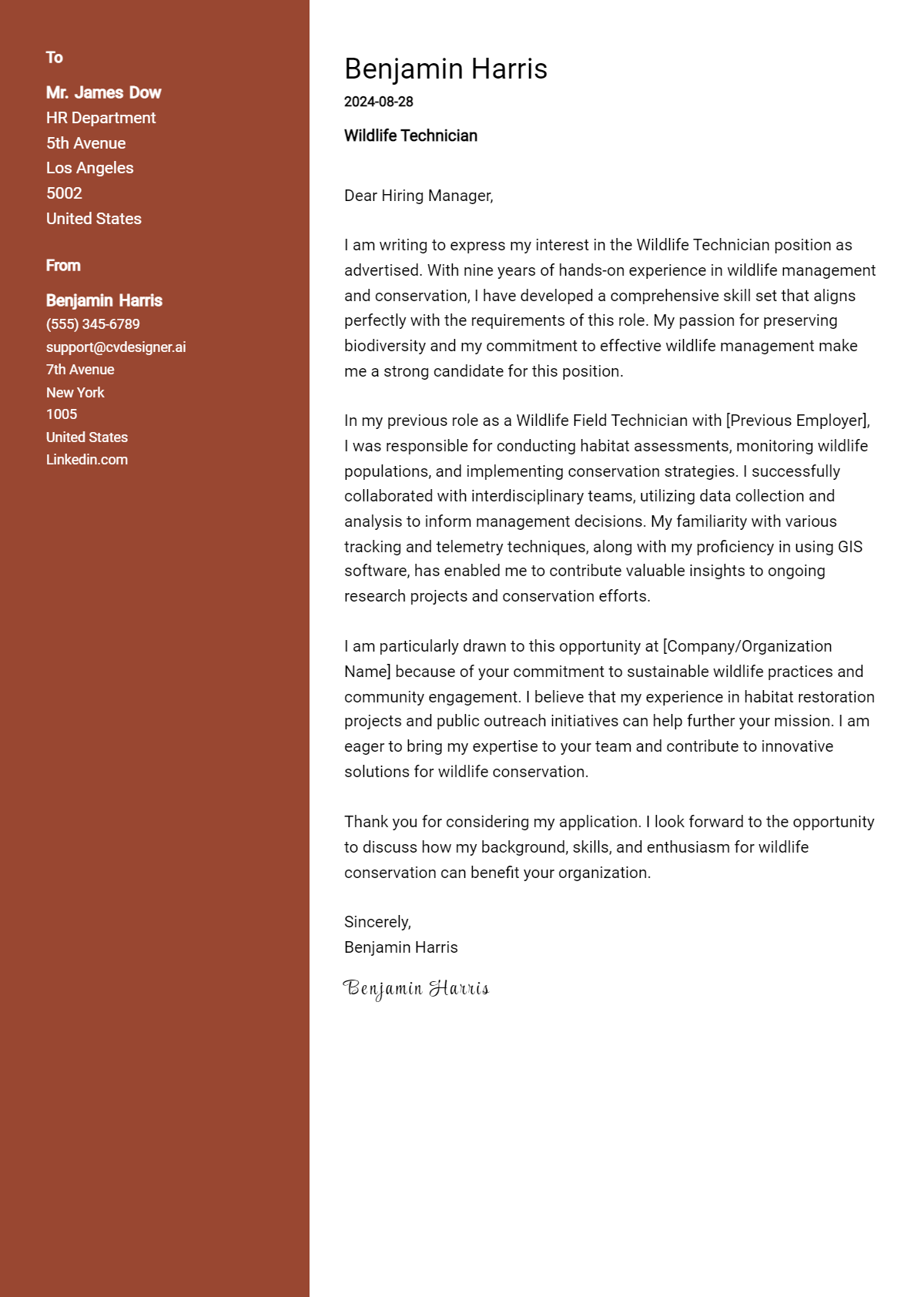 wildlife technician cover letter example
