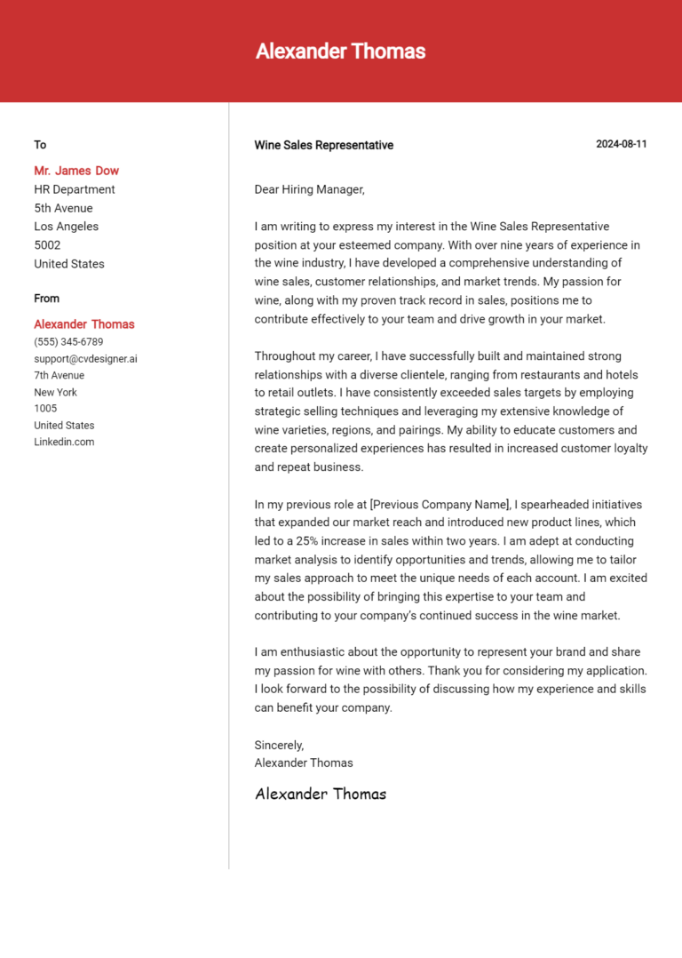 Wine Sales Representative Cover Letter Examples & Samples for 2025