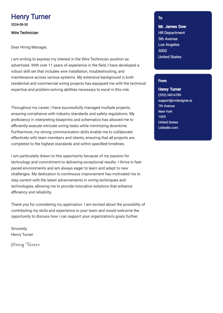 Wire Technician Cover Letter Example for 2025 (Complete Writing Guide)