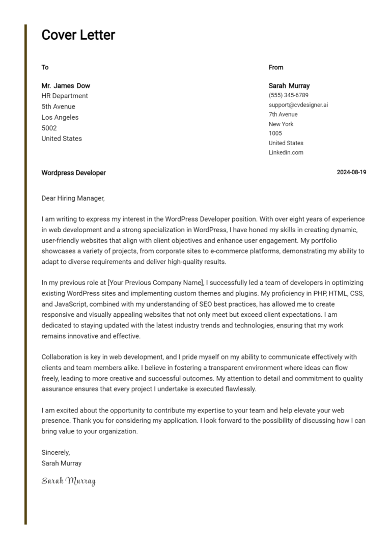 WordPress Developer Cover Letter Example for 2025: Expert Tips & Templates
