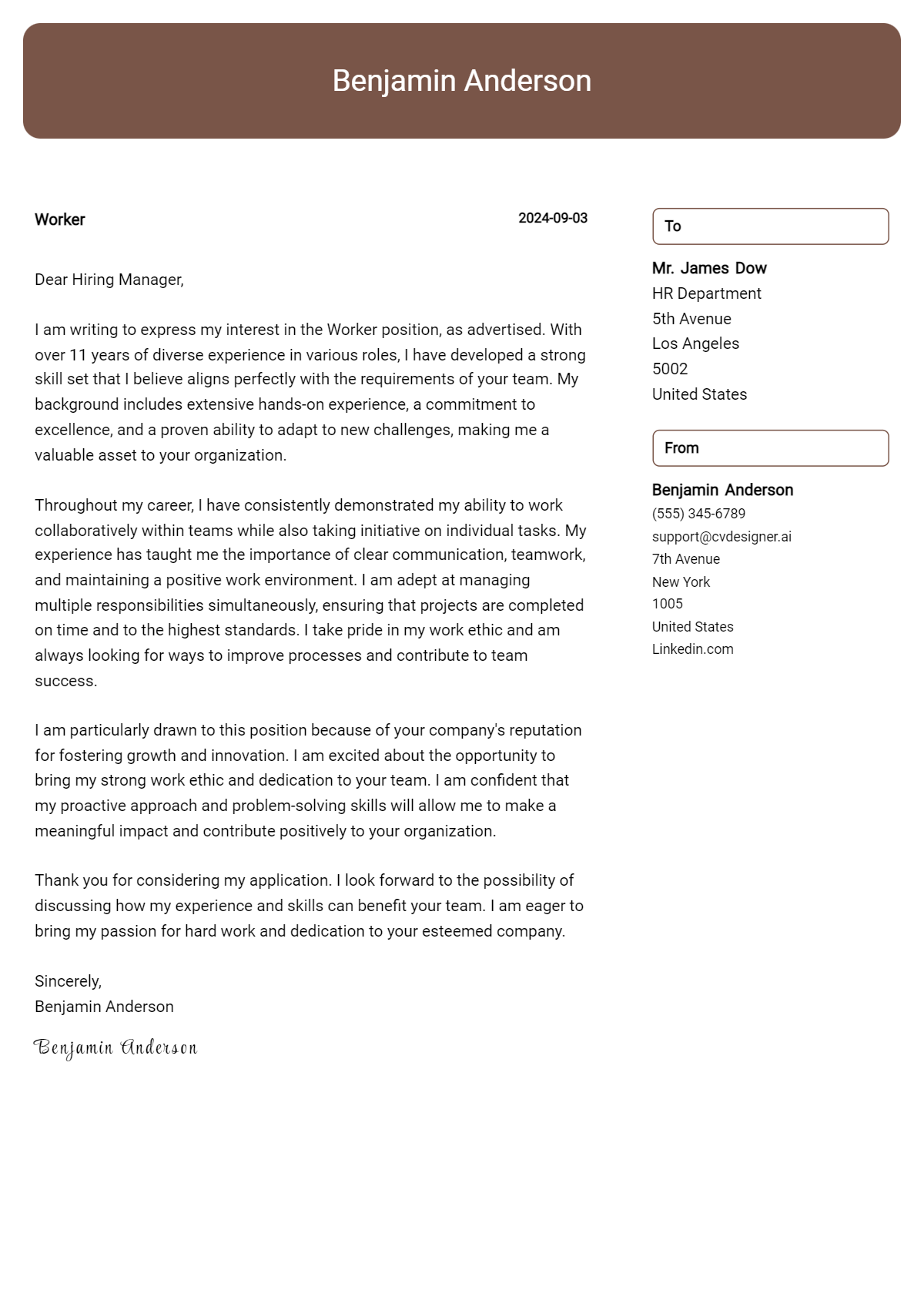 worker cover letter example