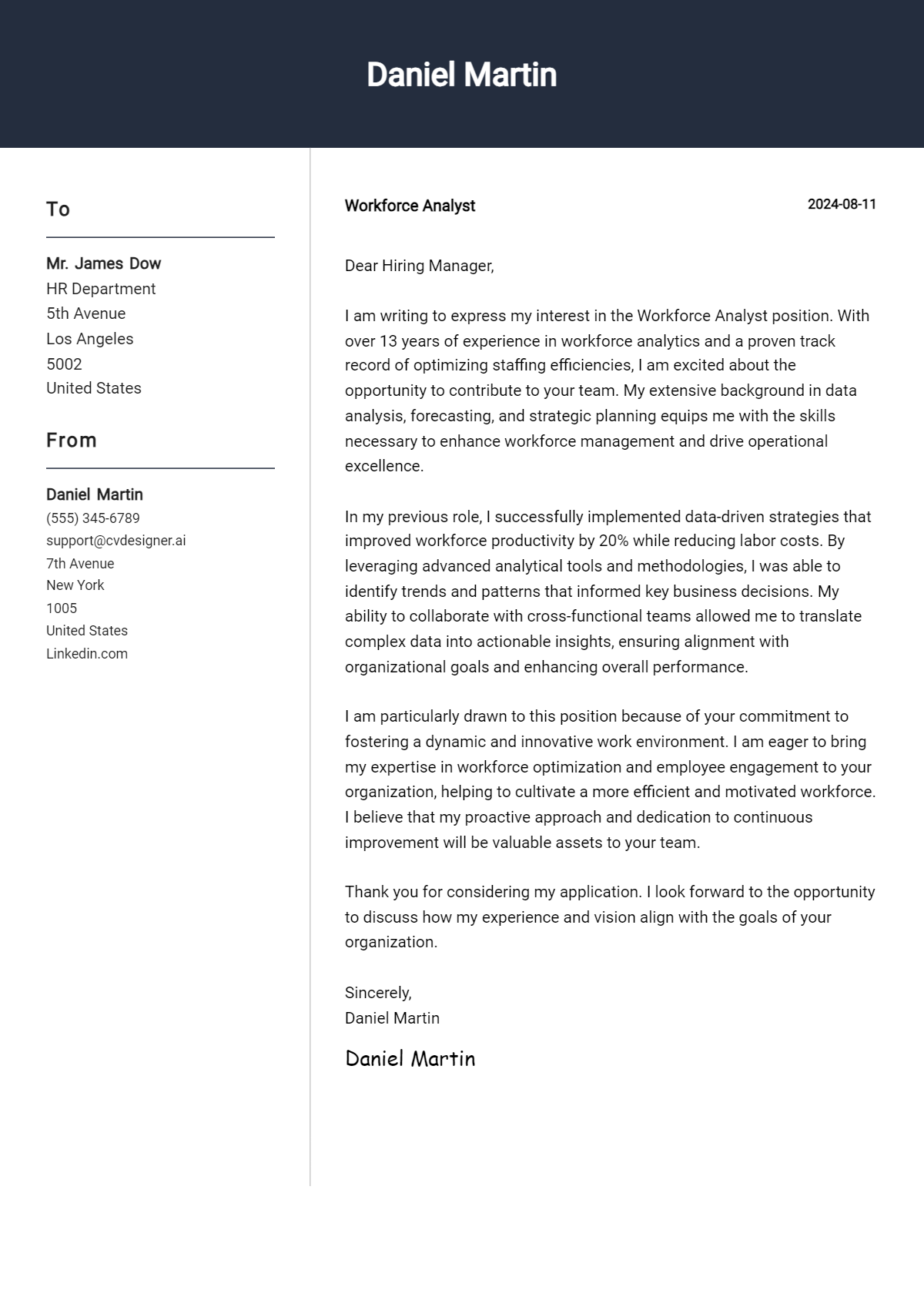 Workforce Analyst Cover Letter Samples & Examples 2024 - CVDesigner.ai