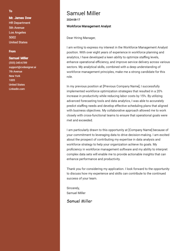 workforce management analyst cover letter example