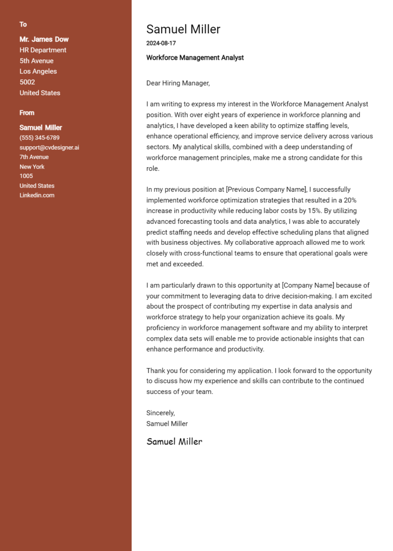 Workforce Management Analyst Cover Letter Example for 2025 (Complete Writing Guide)