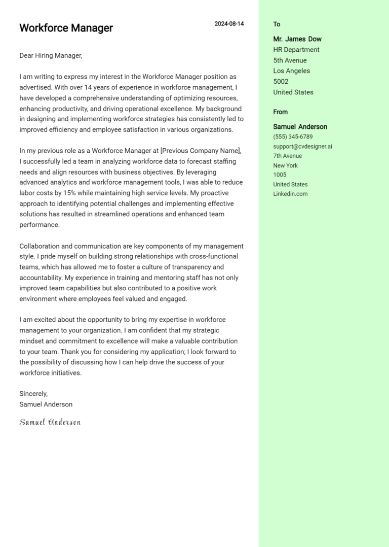 Workforce Manager Cover Letter Examples for 2025 (Downloadable)