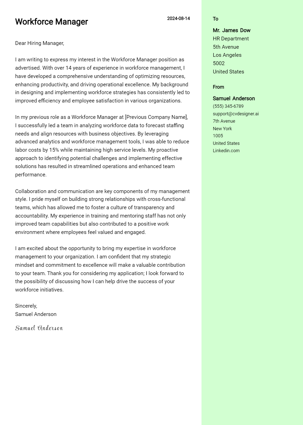 workforce manager cover letter example