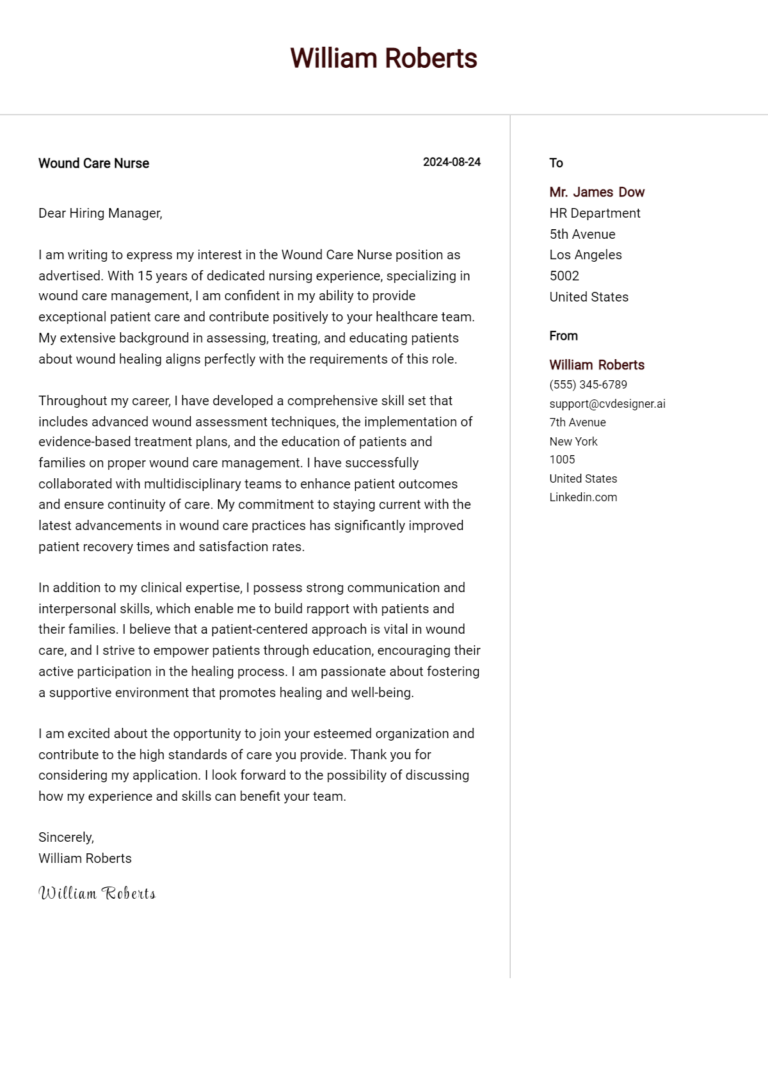 Wound Care Nurse Cover Letter Example for 2025 (Download Templates) 1 Wound Care Nurse Cover Letter Example for 2025 (Download Templates)