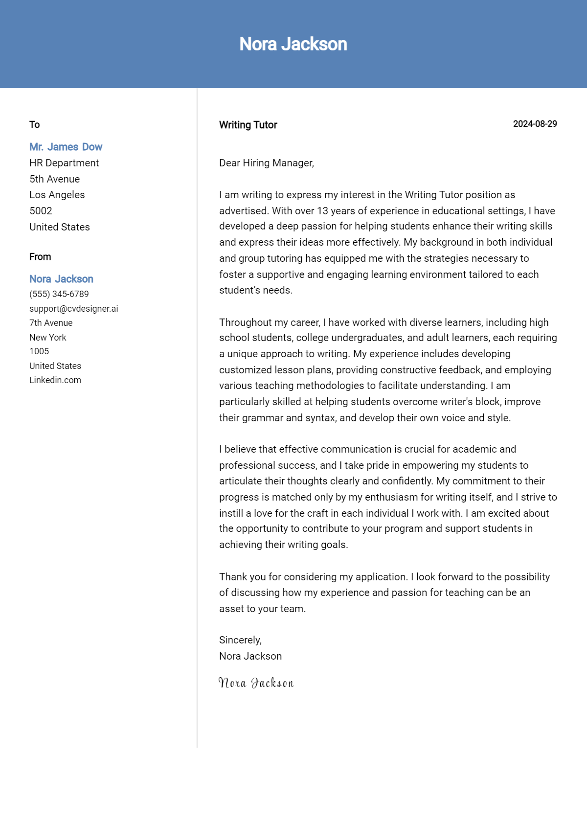 writing tutor cover letter example