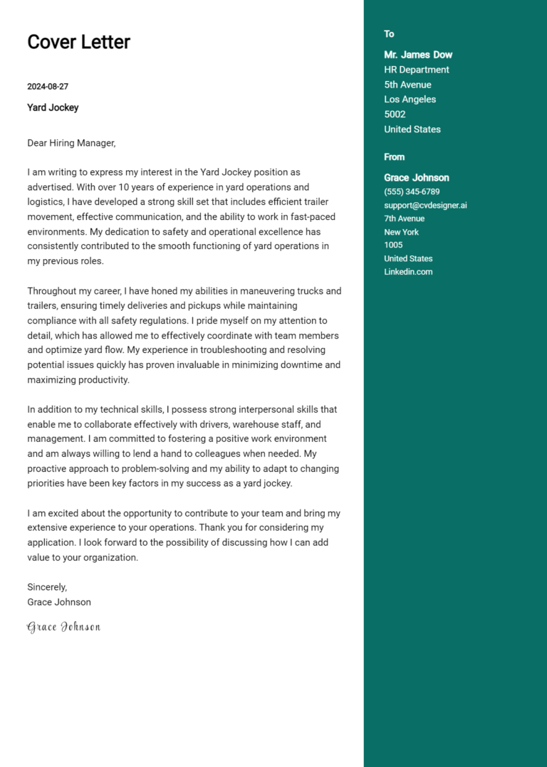 Yard Jockey Cover Letter Examples for 2025 (Downloadable)