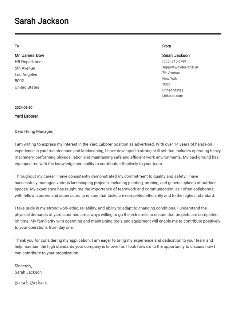 Yard Laborer Cover Letter Examples and Templates for 2025