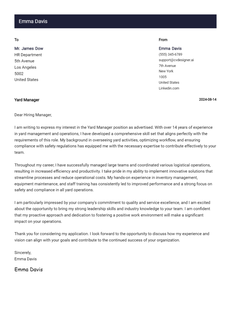 Yard Manager Cover Letter Example for 2025 (Complete Writing Guide)