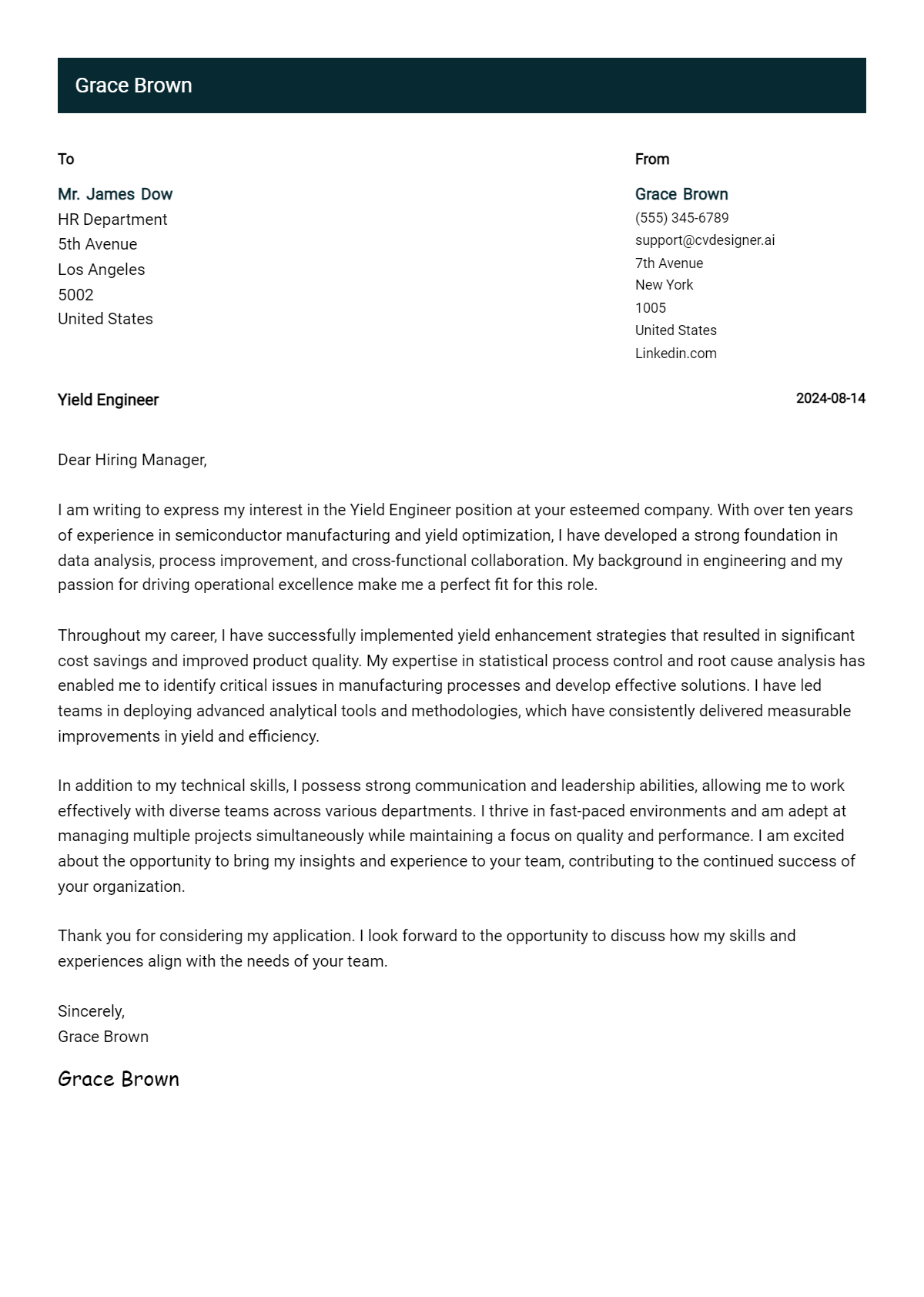 yield engineer cover letter example