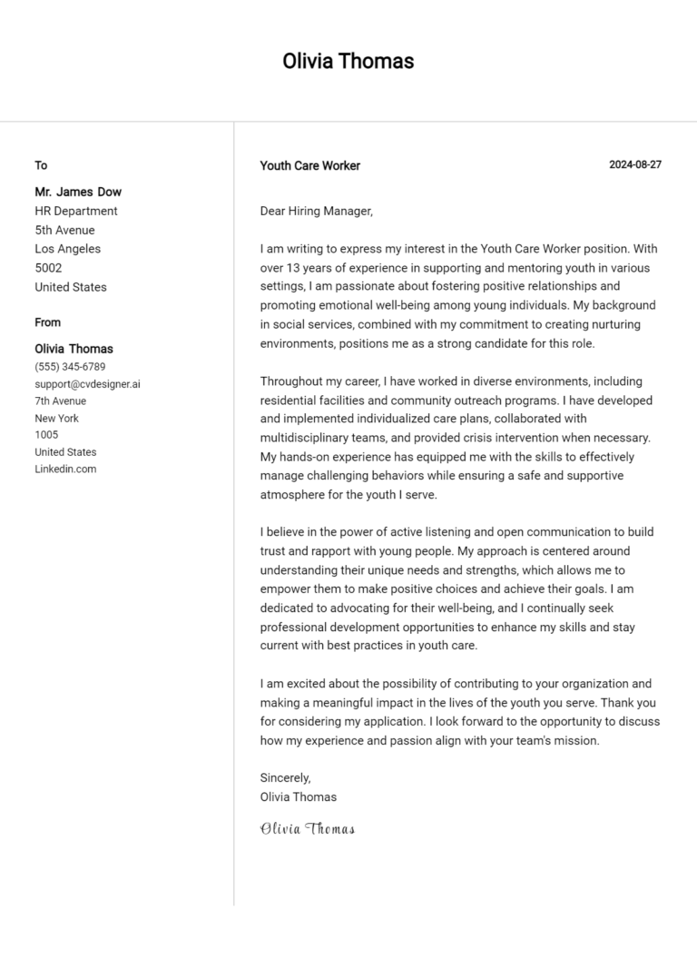 Youth Care Worker Cover Letter Examples and Templates for 2025