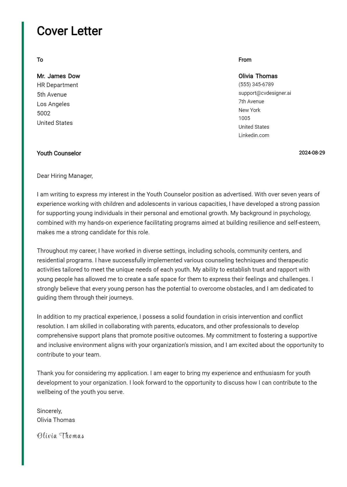 youth counselor cover letter example