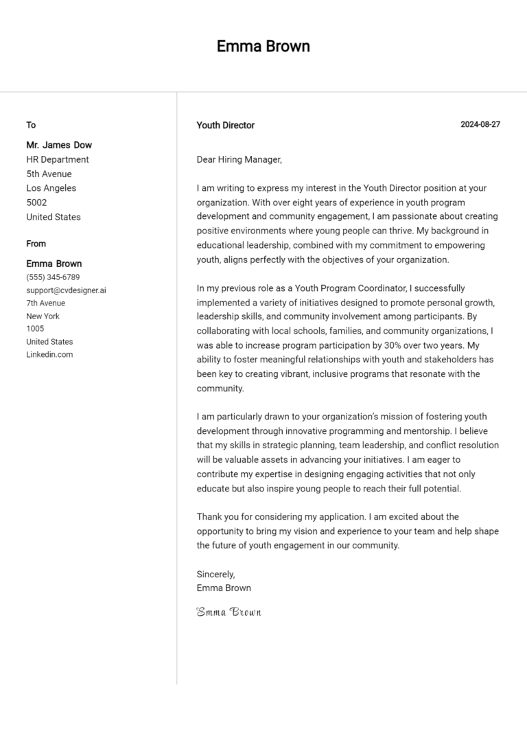 Youth Director Cover Letter Samples & Examples 2025