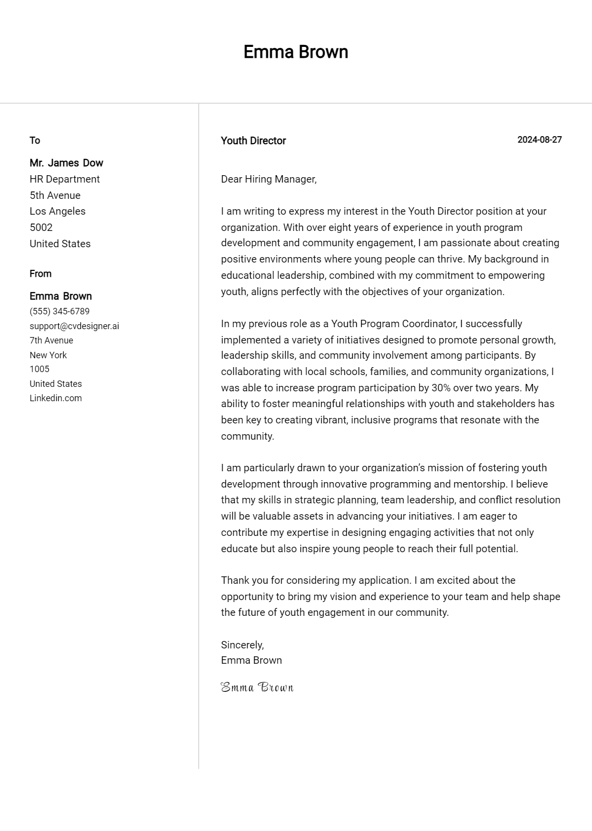 youth director cover letter example