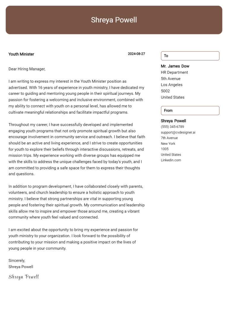 Youth Minister Cover Letter Example for 2025: Proven Tips