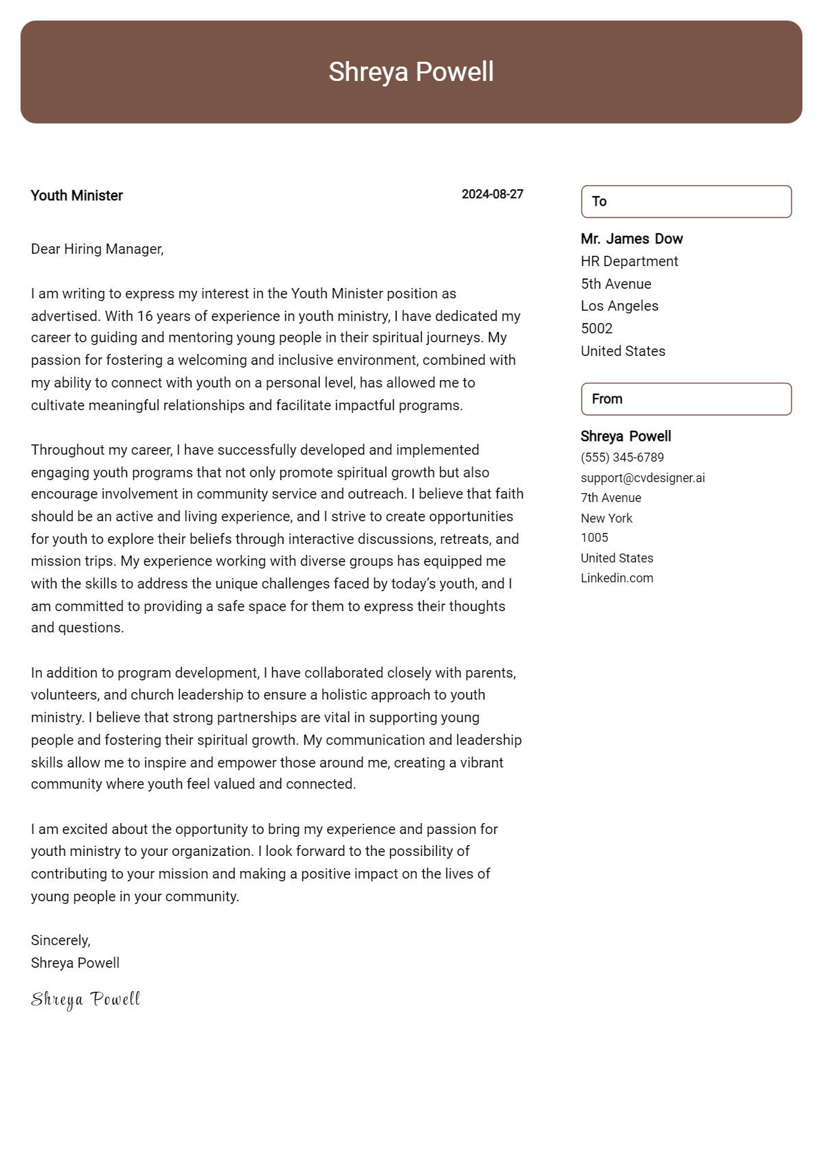 youth minister cover letter example