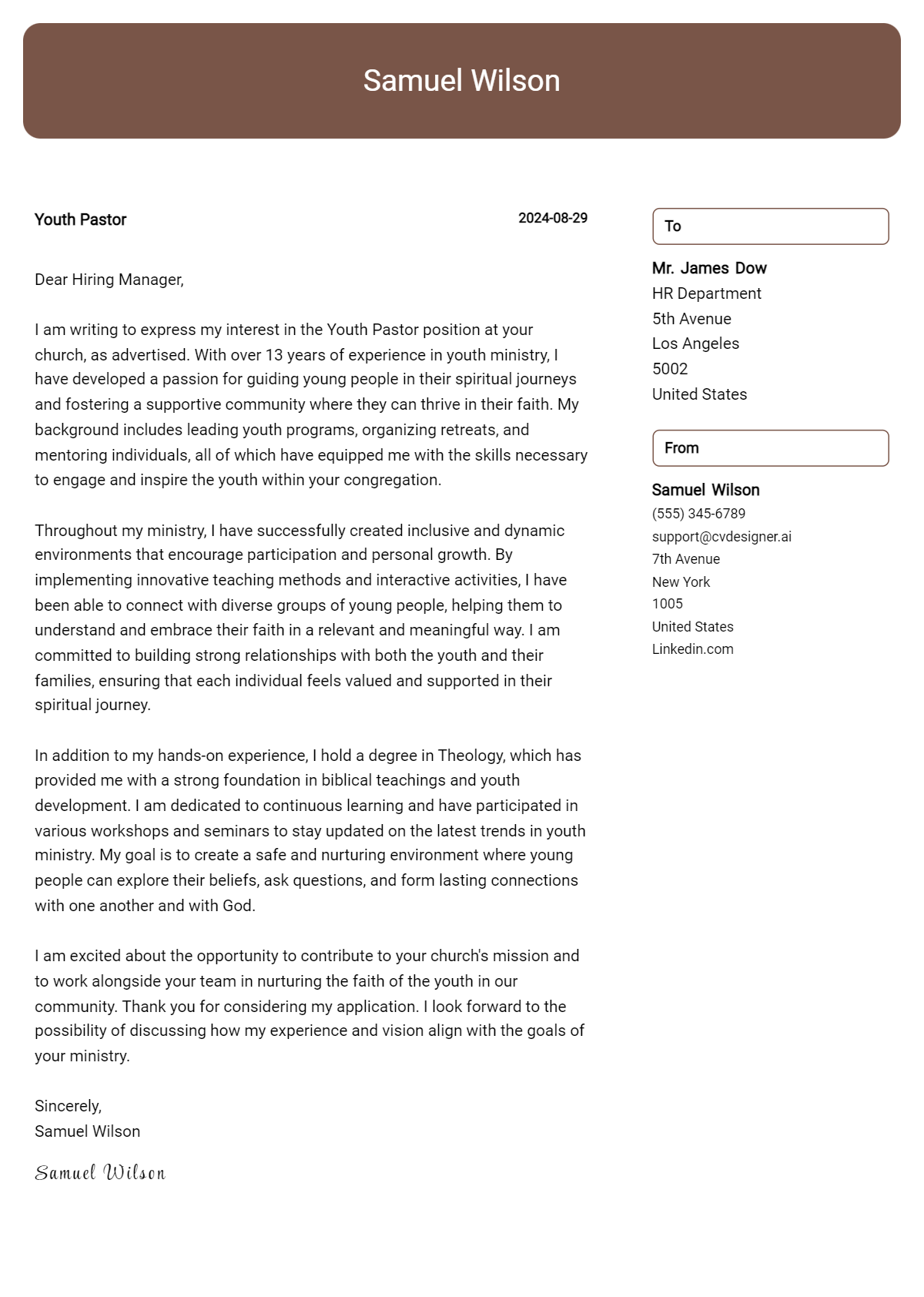 youth pastor cover letter example