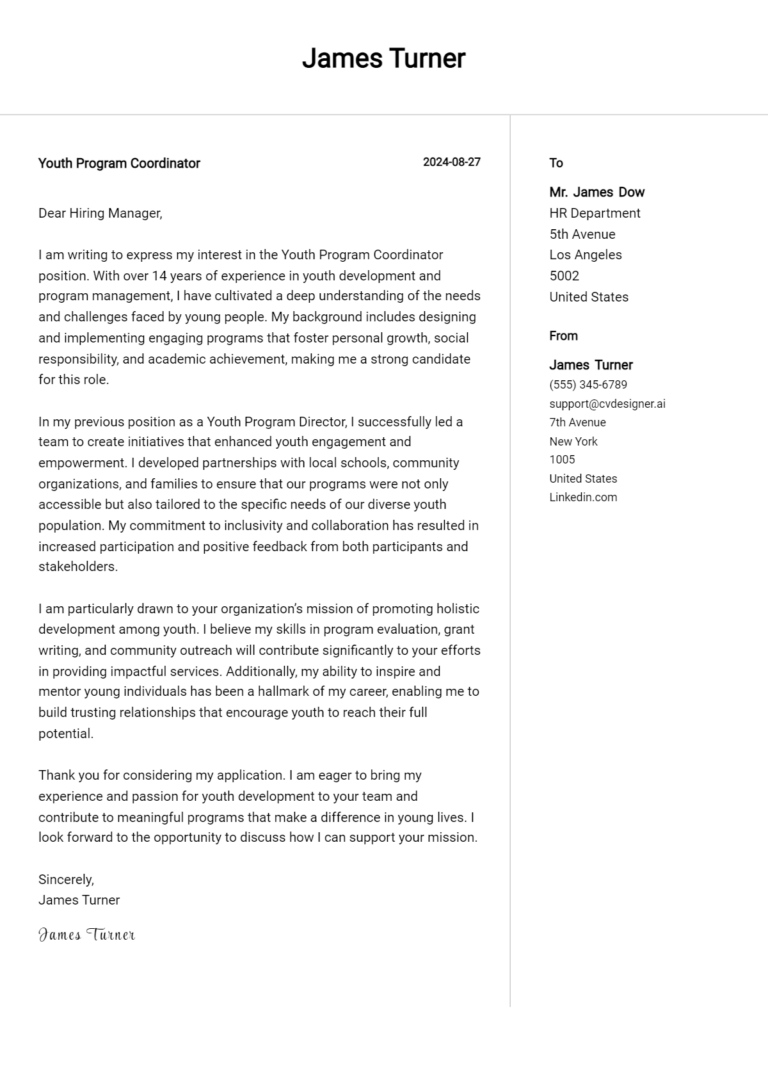 Youth Program Coordinator Cover Letter Example for 2025 (Writing Guide) 1 Youth Program Coordinator Cover Letter Example for 2025 (Writing Guide)
