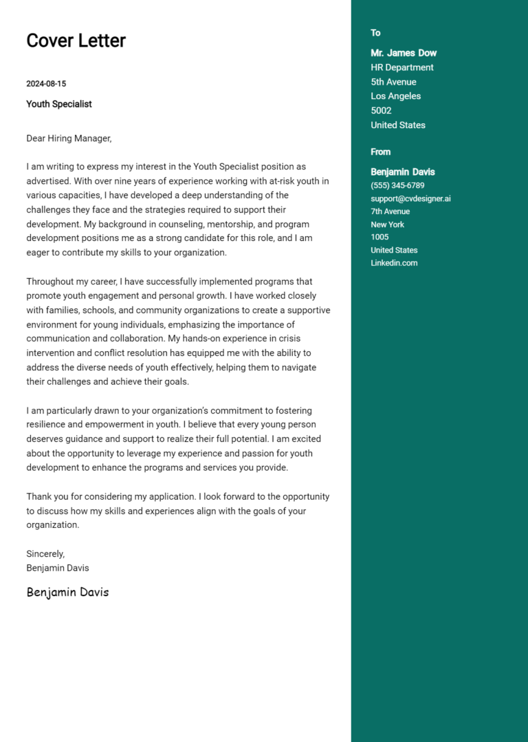 Youth Specialist Cover Letter Examples with Writing Tips for 2025