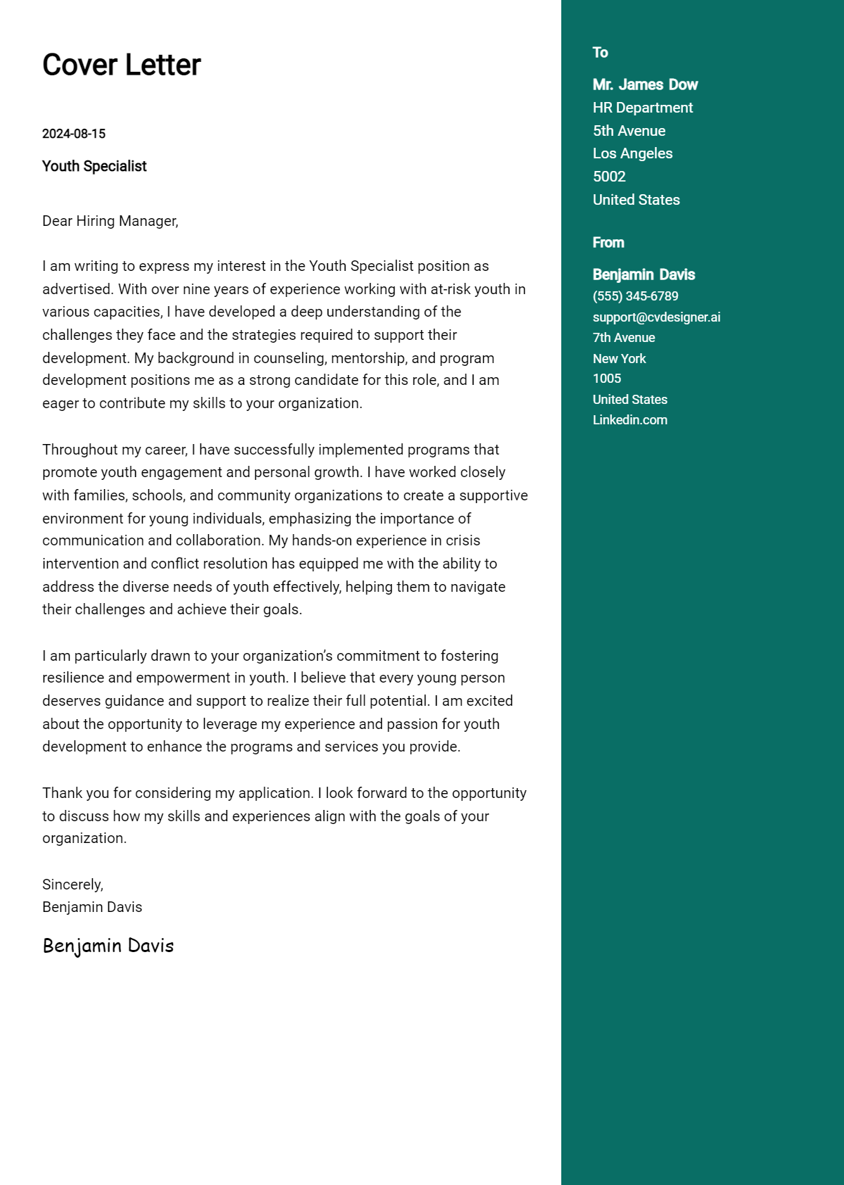 youth specialist cover letter example